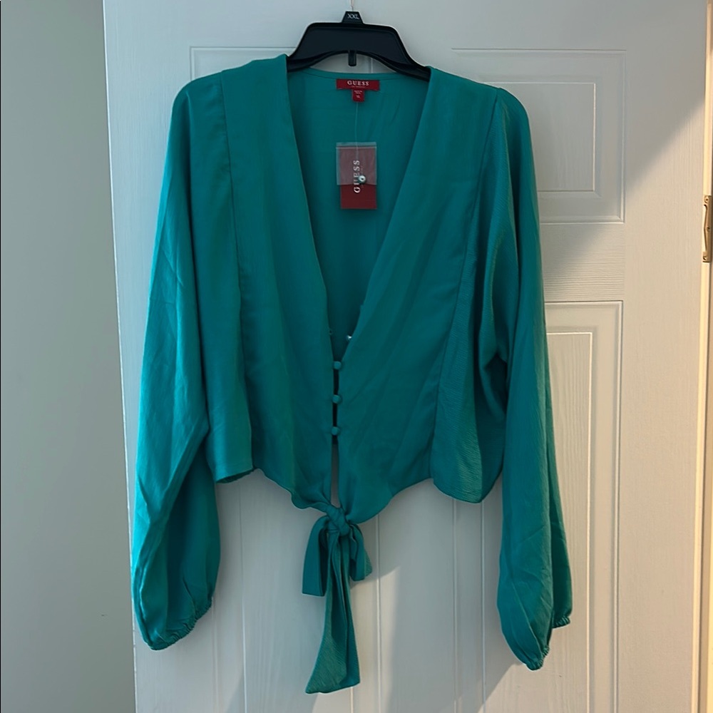 Guess Blue Tie Front Blouse with Relaxed Fit